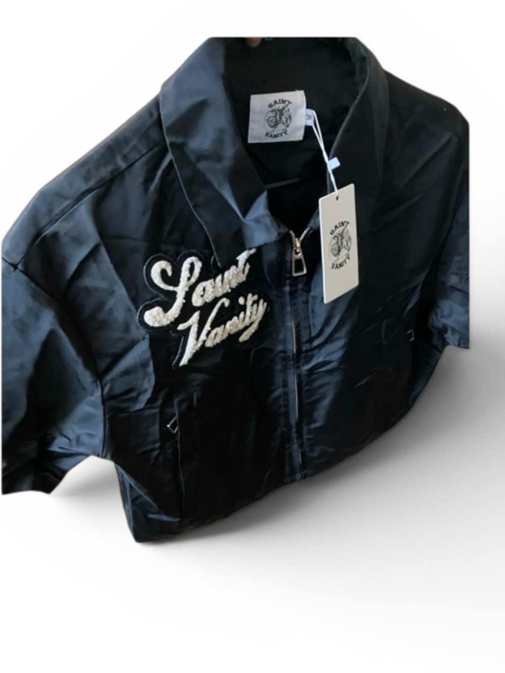 NWT Men's Saint Varsity Black Satin Bomber Jacket Y2K Streetwear